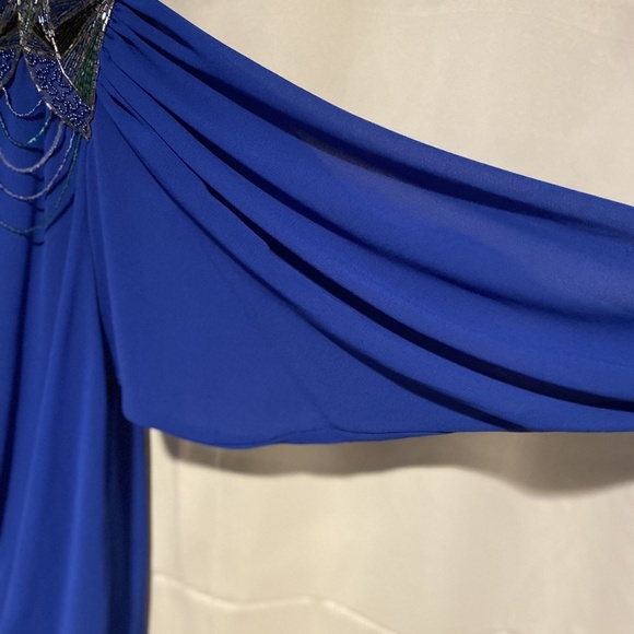 Vintage 80s Blue Crepe Batwing Fishtail Flapper Dynasty Gatsby Dress Bea… - Picture 4 of 10